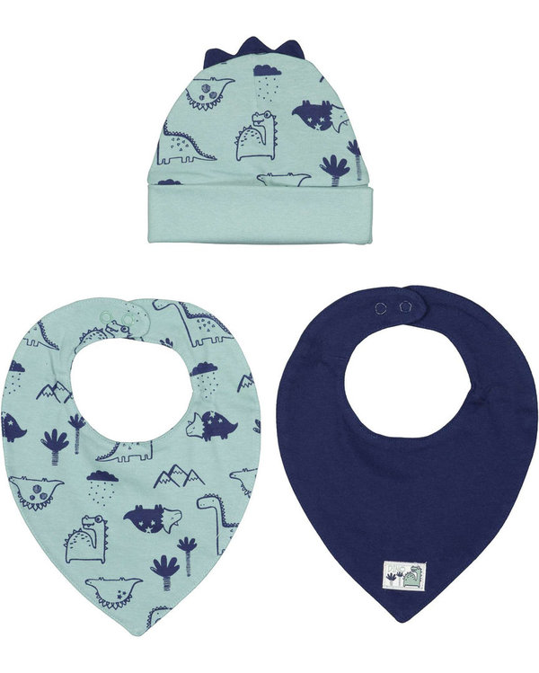 Set: Mütze und 2 Lätzchen Dino grün/blau BLUE SEVEN